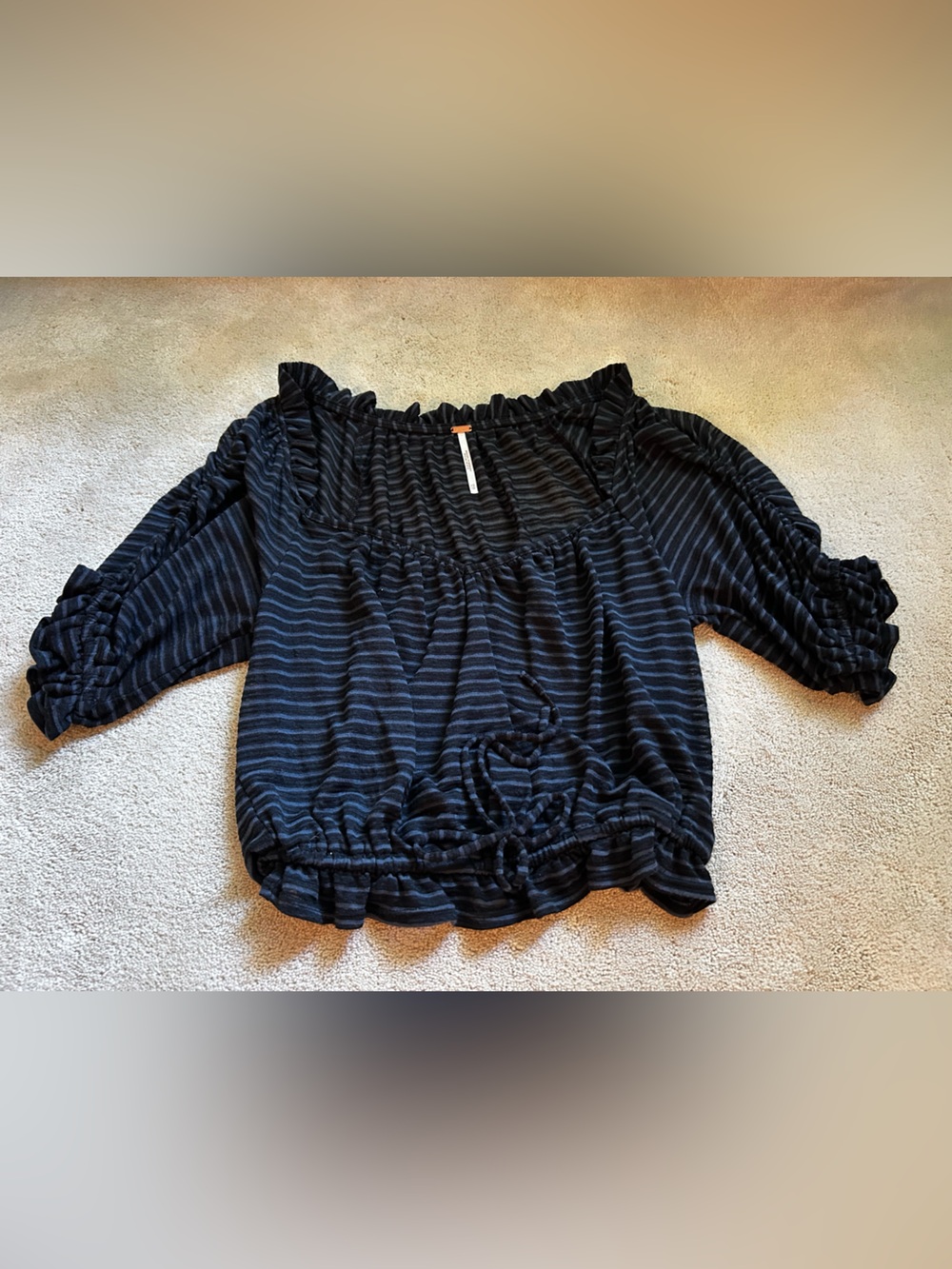 Free People Black and Blue Striped Ruffle Off-Shoulder Knit Top